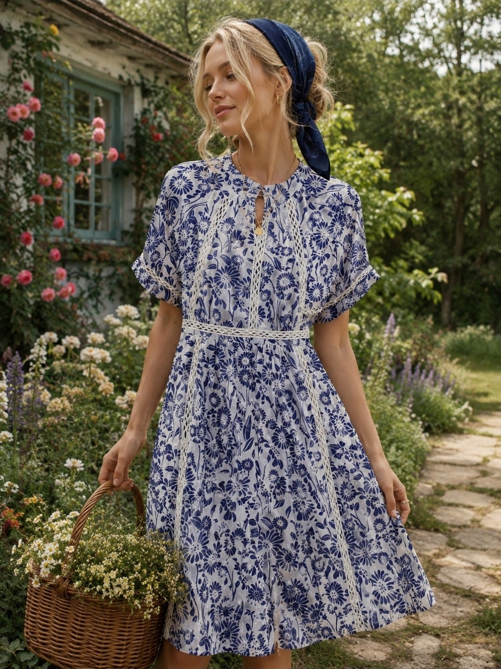 ASOS Floral Cottagecore Prairie Dress Size US 6 Blue White Romantic Farmhouse